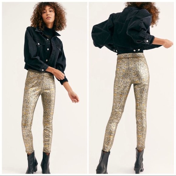 Free People Pants - Free People gold snakeskin vegan leather leggings